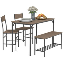 HOMCOM Dining Room Sets with 2 Chairs and a Bench, Dining Table and Chairs Set with Steel Frame and Storage Layer, Grey Aosom UK