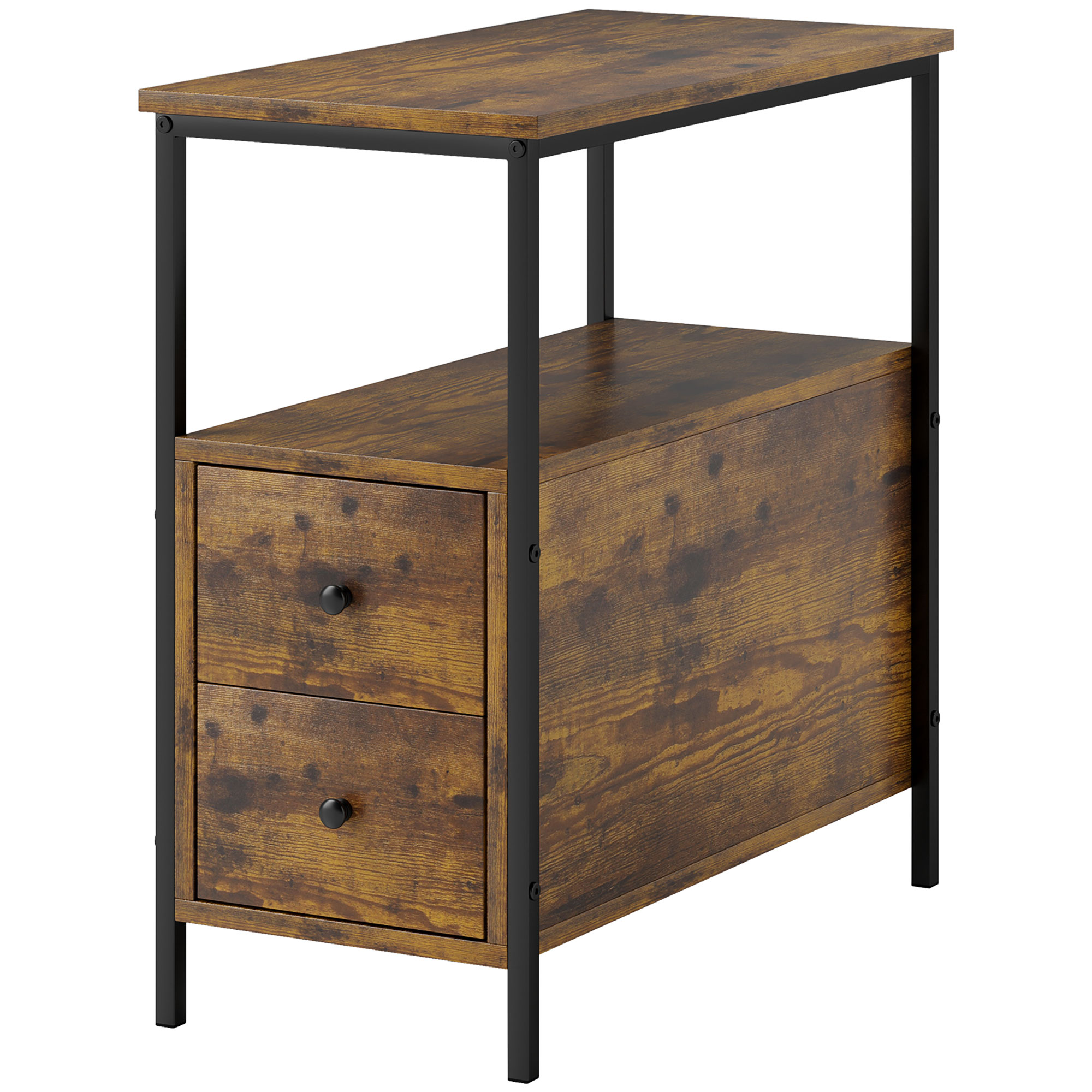 HOMCOM Side Table with 2 Drawers and Storage Shelf, Narrow End Table Bedside Table with Metal Frame for Small Spaces, Rustic Brown Aosom UK HOMCOM Side Table with 2 Drawers and Storage Shelf, Narrow End Table Bedside Table with Metal Frame for Small Spaces, Rustic Brown Aosom UK