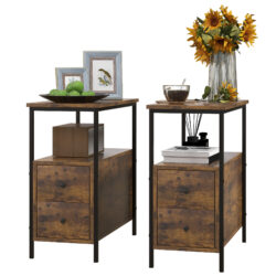 HOMCOM Set of 2 Side Table, Narrow Bedside Table with 2 Drawers and Storage Shelf, Industrial End Table with Metal Frame, Rustic Brown Aosom UK
